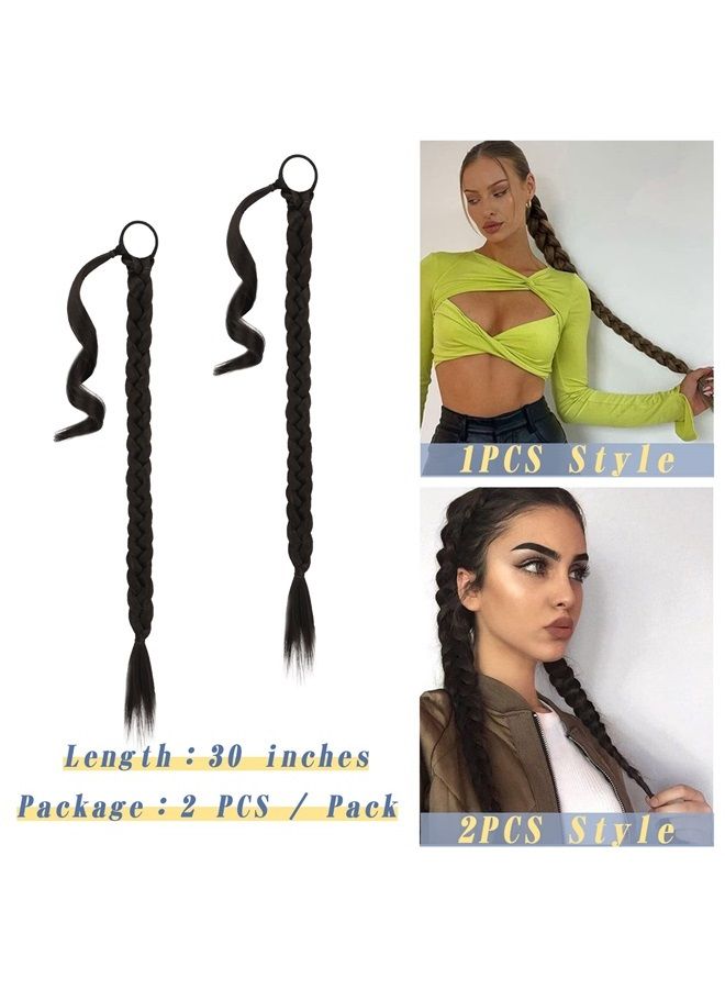 BARSDAR 2PCs 30 Inch Long Braided Ponytail Extension with Hair Tie Straight Wrap Around Hair Extensions Pony Tail DIY Natural Soft Synthetic Hair Piece for Women Girls-Dark Brown - Image 4