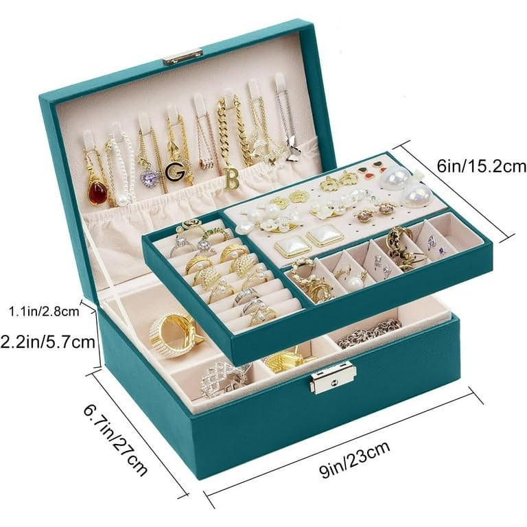 VINSU Jewelry Organizer Box 2 Layer Earring Organizer PU Leather Travel Jewelry Case with Lock with Lock with Removable Tray for Rings Earrings Necklace Bracelets Watches (Green) - Image 2