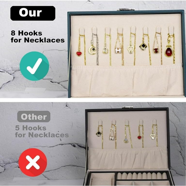 VINSU Jewelry Organizer Box 2 Layer Earring Organizer PU Leather Travel Jewelry Case with Lock with Lock with Removable Tray for Rings Earrings Necklace Bracelets Watches (Green) - Image 5