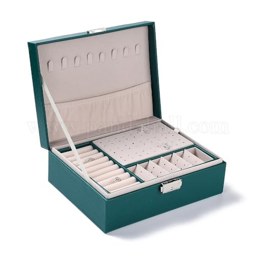 VINSU Jewelry Organizer Box 2 Layer Earring Organizer PU Leather Travel Jewelry Case with Lock with Lock with Removable Tray for Rings Earrings Necklace Bracelets Watches (Green) - Image 1