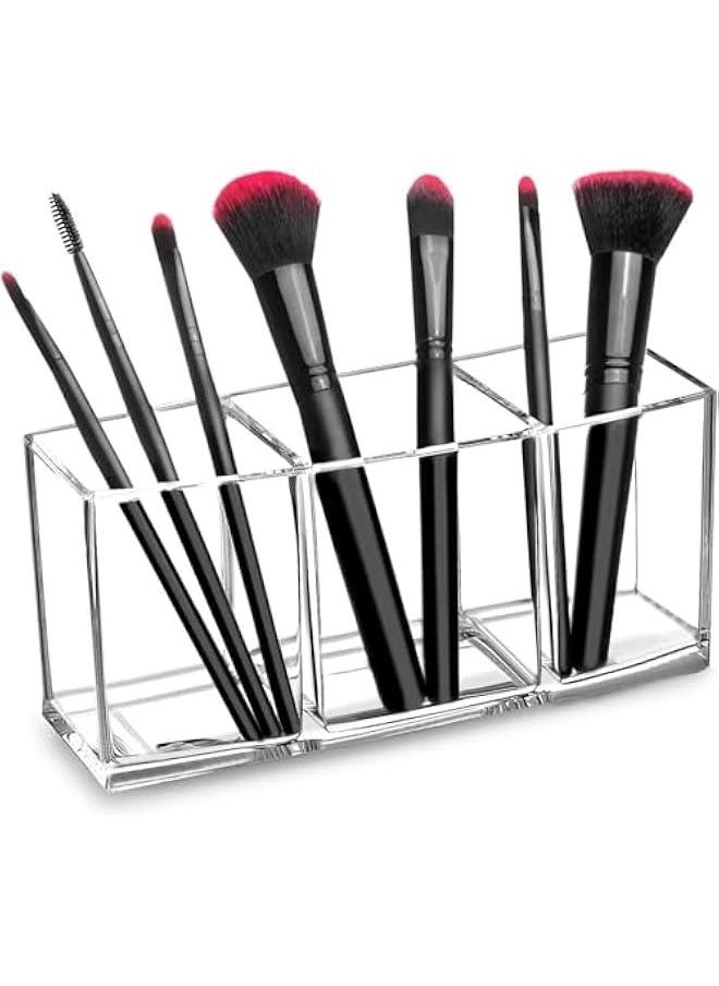 HOOKOR Acrylic Makeup Brush Organiser, Eyeliners Display Holder, Clear Cosmetic Storage with 3 Slots (Rectangular)  - Image 1