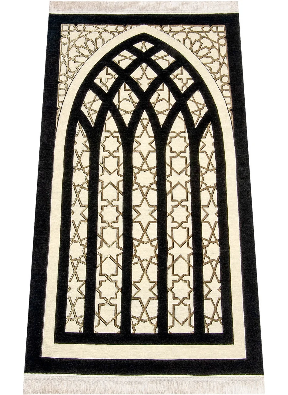 İhvan Online Star Patterned Chenille Prayer Rug - Black