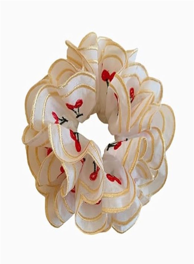 Melodio Embroidery Cherry Lace Scrunchies, Flower Shape Cloth Elastic Hair Bands, Exquisite Hair Tie - Image 1