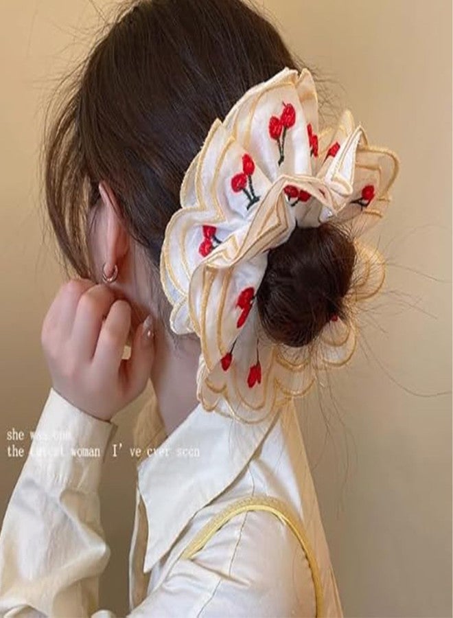 Melodio Embroidery Cherry Lace Scrunchies, Flower Shape Cloth Elastic Hair Bands, Exquisite Hair Tie - Image 2