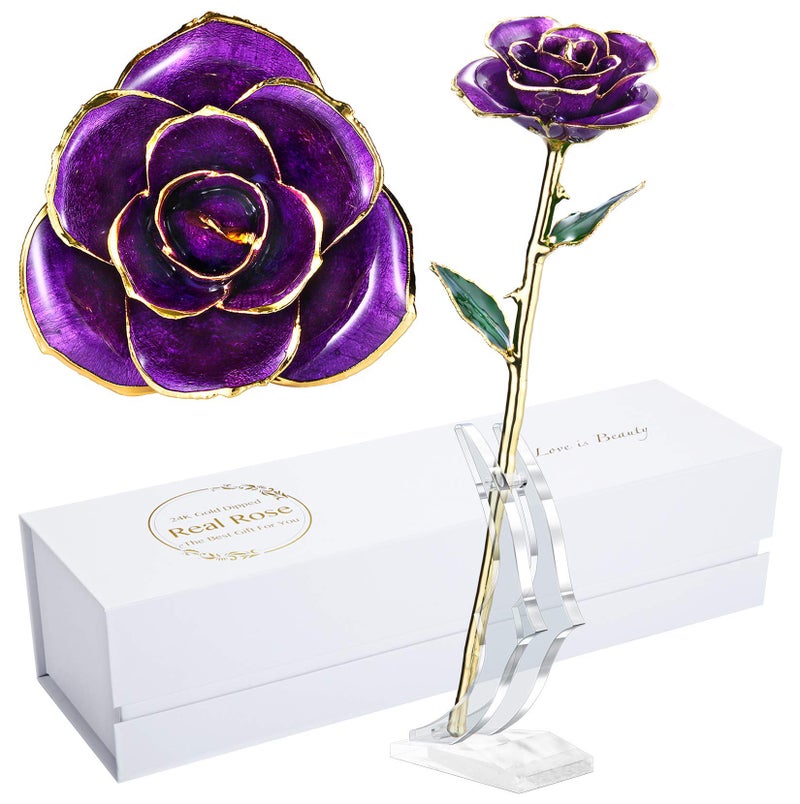 MAXSPT MAXSPT Anniversary Rose Gift for Wife Forever 24k Gold Real Rose and Best for her Rose Purple with Stand 