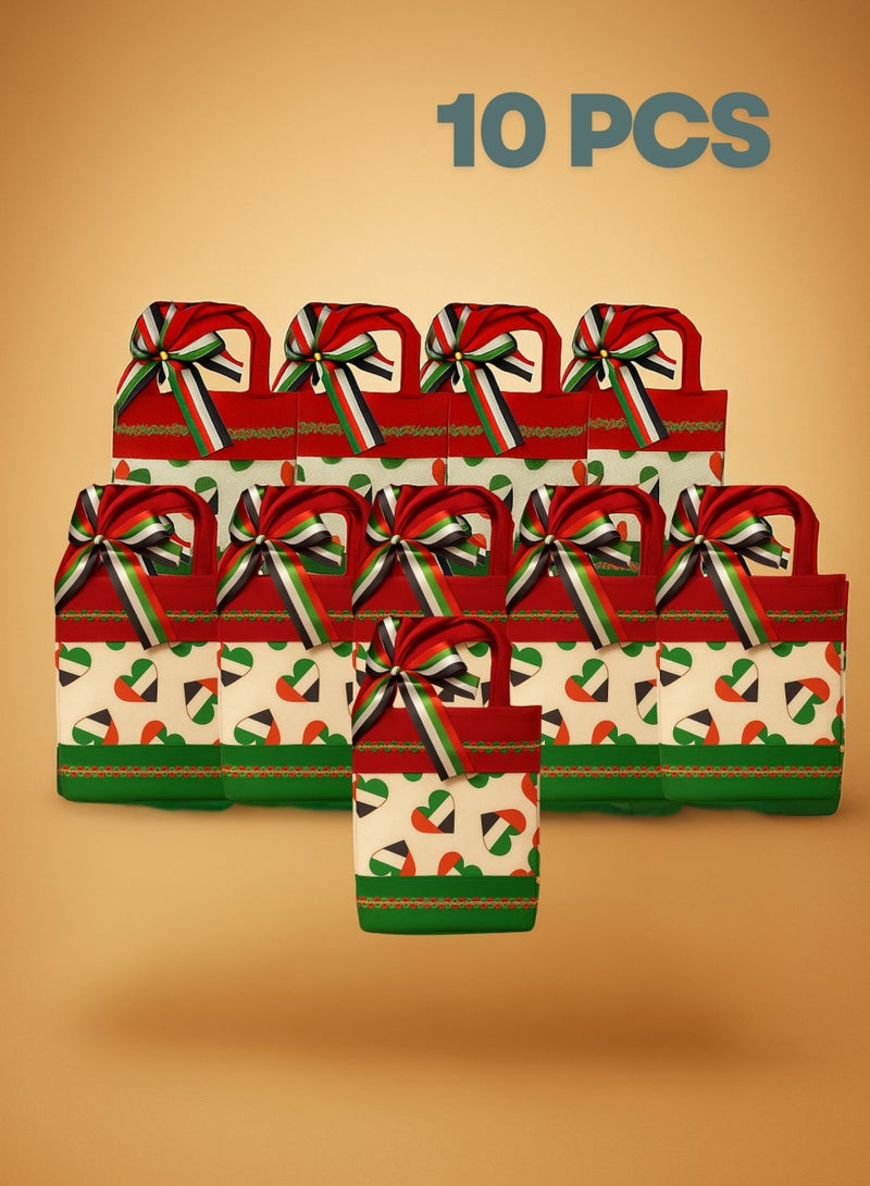 UAE National Day Gift Bags Set (10 Pcs) – Premium Fabric Bags with Ribbon Bow | Reusable Tote Gift Bags for National Day Celebrations, Events, and Parties | UAE Flag Color Design (Red, Green, White, Black) - Image 1