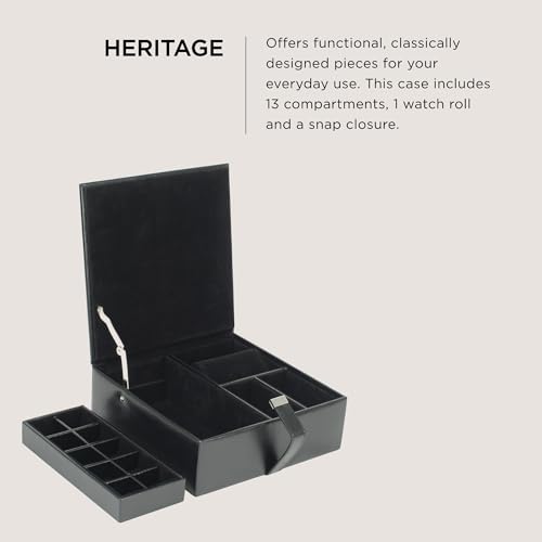 Wolf Designs WOLF Heritage Large Valet Case, Black - 13 Compartments + One Watch Roll - Faux Leather Exterior + Ultra-Suede Lining - Image 2