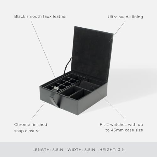 Wolf Designs WOLF Heritage Large Valet Case, Black - 13 Compartments + One Watch Roll - Faux Leather Exterior + Ultra-Suede Lining - Image 4