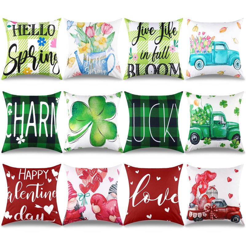 FuWeave 12 Pcs St Patricks Spring Valentines Day Pillow Covers 18 x 18 Inch Heart Lucky Shamrock Clovers Pillow Covers Floral Bloom Truck Decorative Cushion Case for Sofa Bed Home Holiday Decor