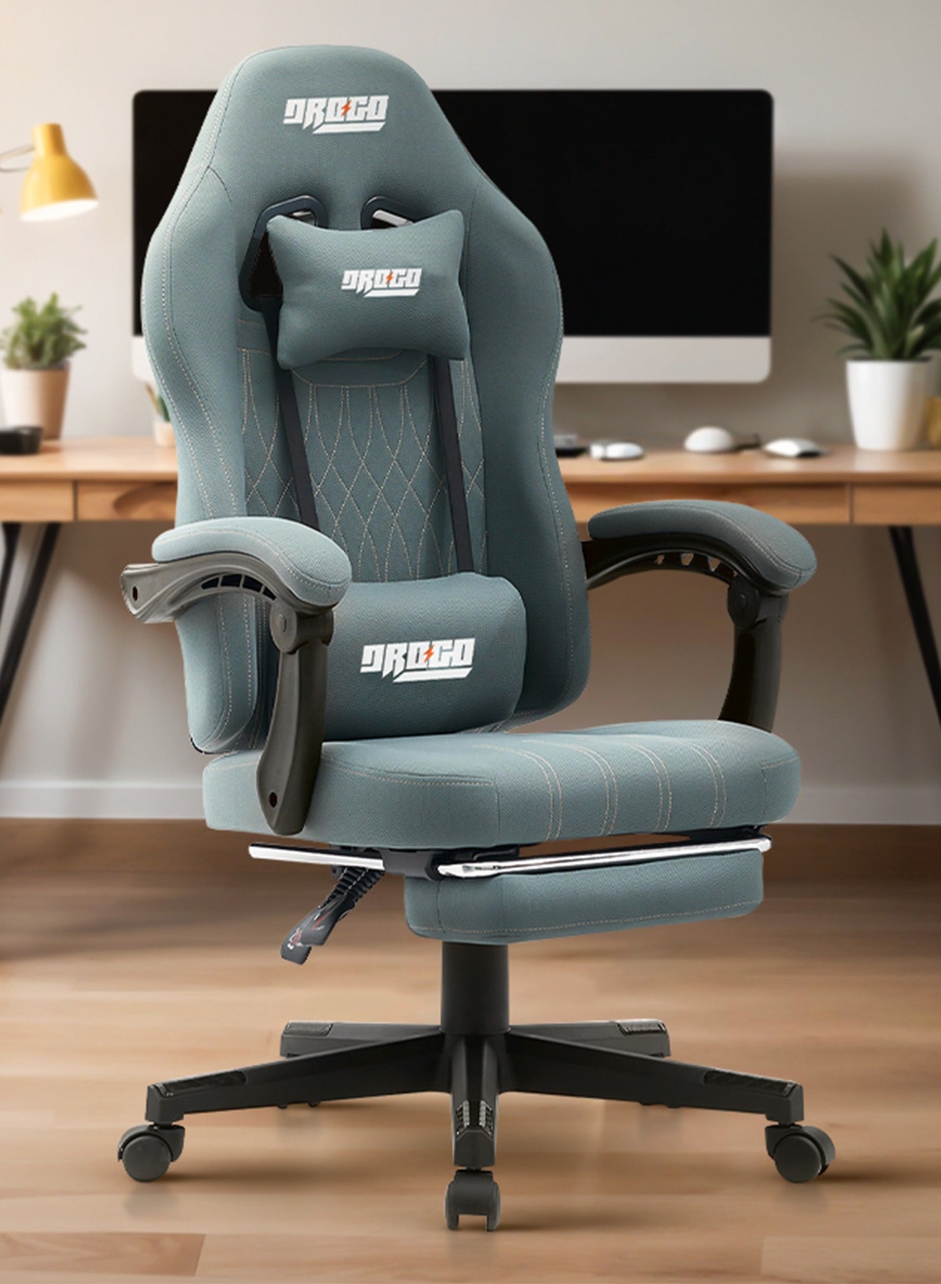Premium Ergonomic Gaming Chair, Video Game Chair with Linkage Armrest, Footrest & Adjustable Seat Computer Chair with Fabric Material, Head & Lumbar Pillow Home & Office Chair with Recline Grey
