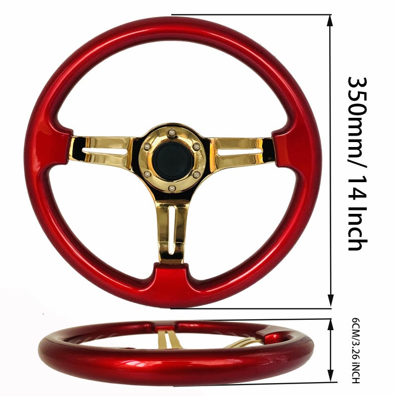 YEHICY Universal Red Wood Grain Steering Wheel Gold Spoke 14"(350mm) Classic Vintage Racing Steering Wheel with Horn Button - Image 3