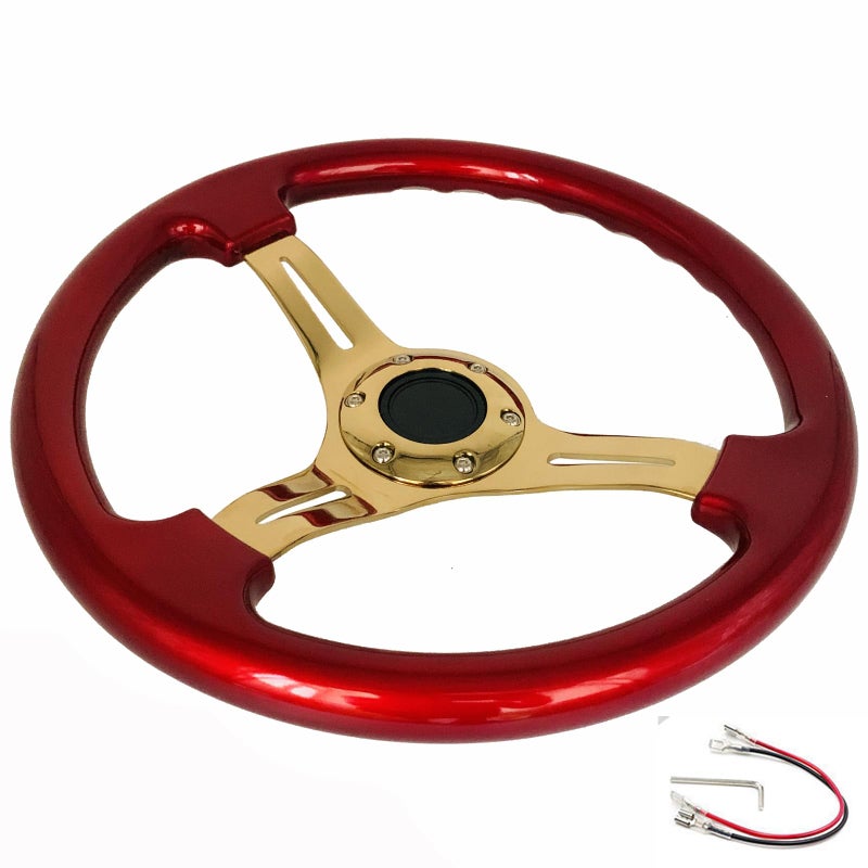 YEHICY Universal Red Wood Grain Steering Wheel Gold Spoke 14"(350mm) Classic Vintage Racing Steering Wheel with Horn Button - Image 1