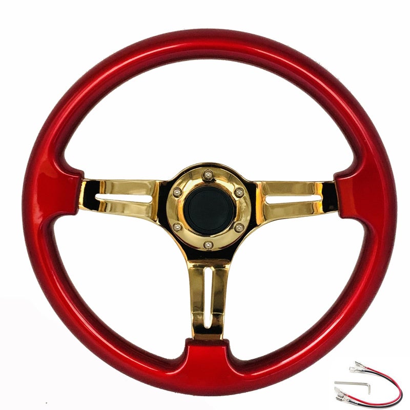 YEHICY Universal Red Wood Grain Steering Wheel Gold Spoke 14"(350mm) Classic Vintage Racing Steering Wheel with Horn Button - Image 2