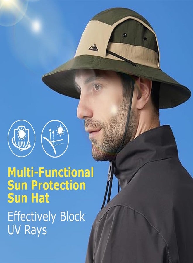 GUSTAVE® Unisex Fashion Hiking Hat UV Protection Wide Brim Sun Hat with Breathable Mesh Lightweight Quick-Dry Nylon Adjustable Chin Strap Packable Hat for Outdoor Travel Fishing Camping Green Beige - Image 4
