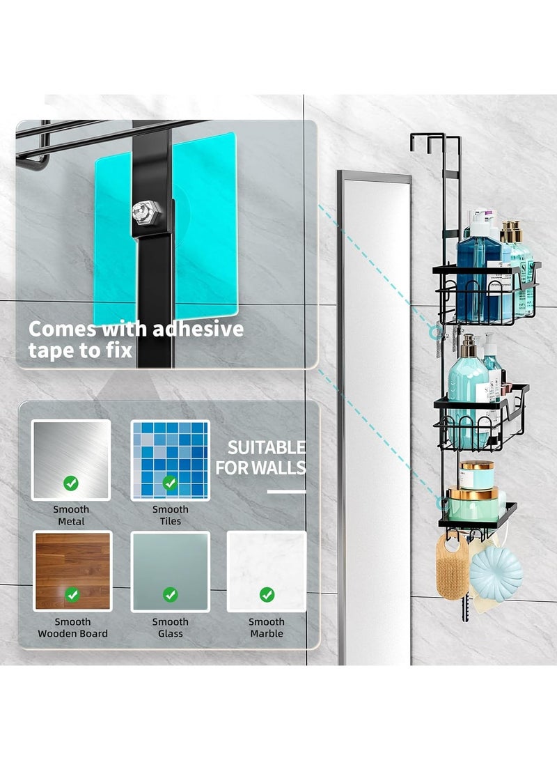 شو وو علبة دش معلقة فوق الباب، منظم دش من 3 طبقات معلق مع حامل الصابون، أرفف دش مقاومة للصدأ مع خطافات للحمام، بدون حفر، أسود - Image 2