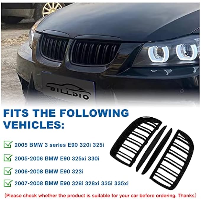 rayihni E90 Grille  Front Kidney Grille Double Slats Glossy Black Compatible With 20052008 Bmw 3 Series E90 320I 325I 325Xi 330I 323I 328I 328Xi 335I 335Xi3 Series E90 Black Kidney Grille - Image 4