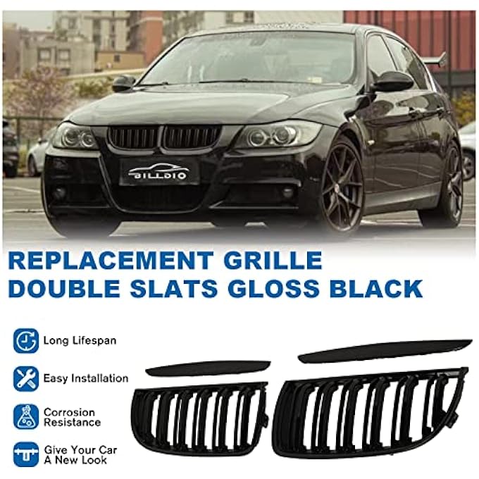 rayihni E90 Grille  Front Kidney Grille Double Slats Glossy Black Compatible With 20052008 Bmw 3 Series E90 320I 325I 325Xi 330I 323I 328I 328Xi 335I 335Xi3 Series E90 Black Kidney Grille - Image 2