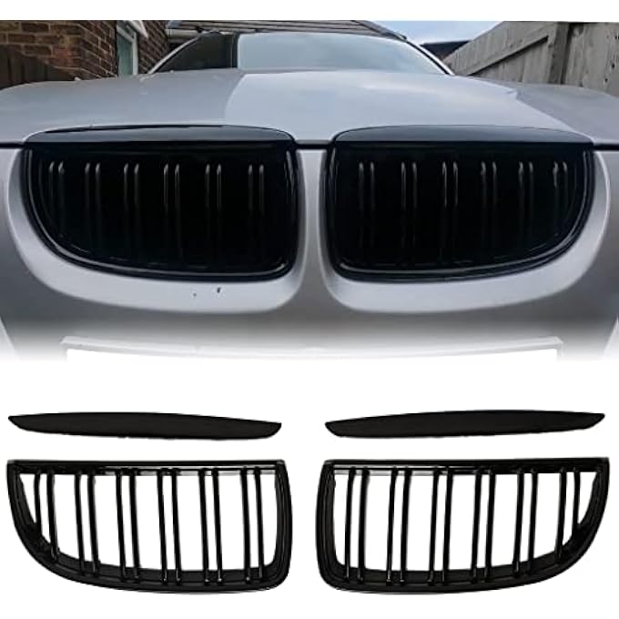 rayihni E90 Grille  Front Kidney Grille Double Slats Glossy Black Compatible With 20052008 Bmw 3 Series E90 320I 325I 325Xi 330I 323I 328I 328Xi 335I 335Xi3 Series E90 Black Kidney Grille - Image 1