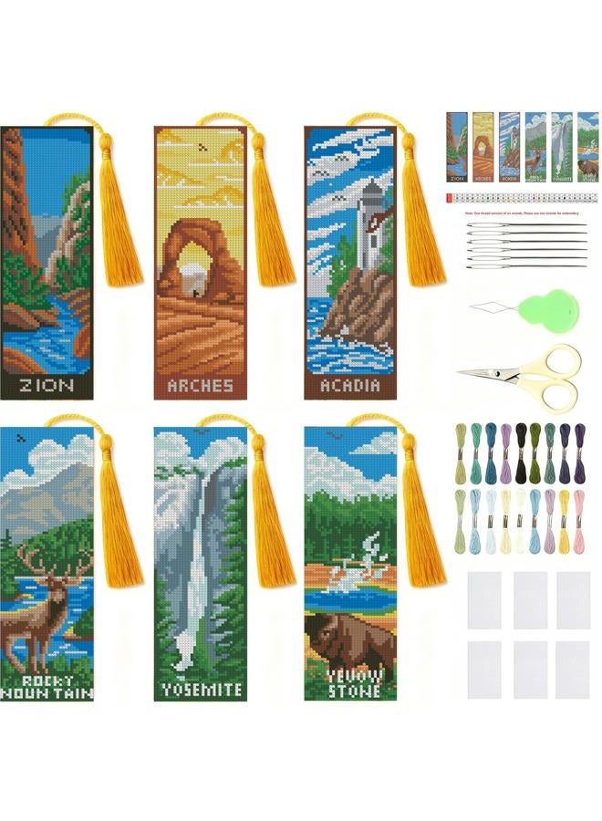 NEGEKFKX 6 Pcs National Park Cross Stitch Bookmark Kit for Adult Beginners,Cross Stitch Kits 14 CT DIY Crossstitch Kits Adult Stamped Bookmark Embroidery Bookmarks Kit - Image 1