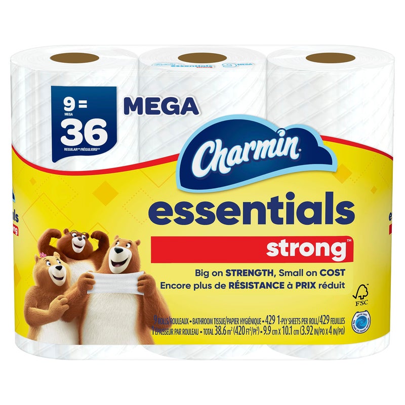Charmin Essentials Strong Toilet Paper, 9 Mega Rolls = 36 Regular Rolls - Image 1