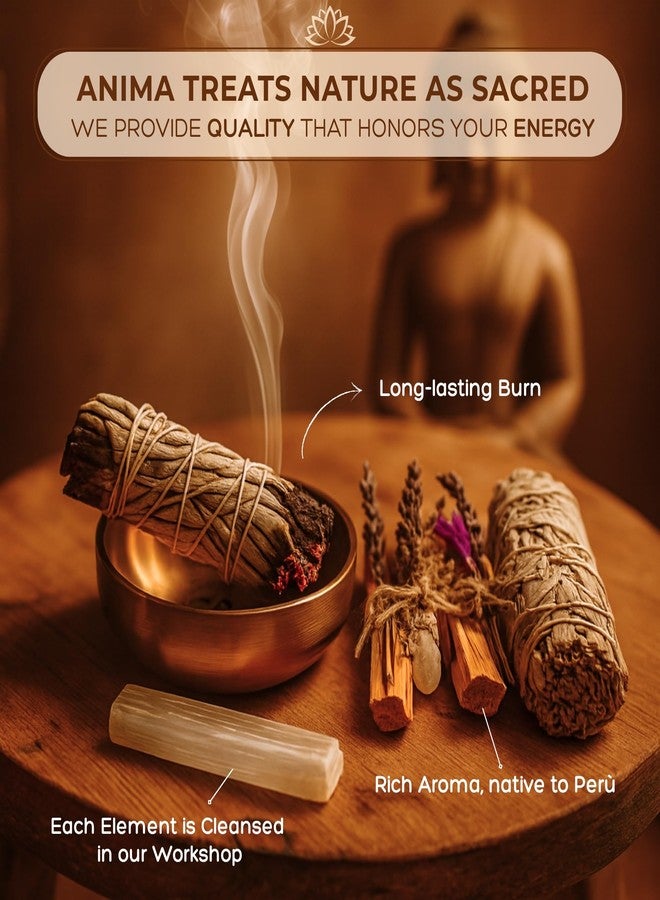 Anima Premium Energy Cleansing Set - White Sage Smudge Sticks, Palo Santo Sticks, Clear Quartz & Selenite Crystal with Smudge Bowl for Crystals & Home Cleansing, Meditation & Manifestation - Image 5