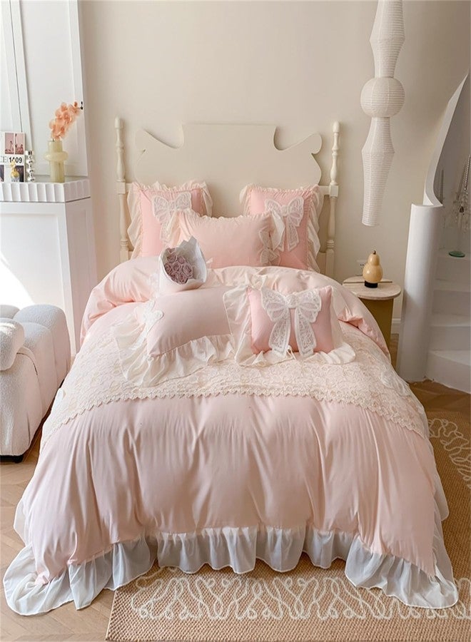 MOOWOO Princess Lace Bow Bedding Set- Pink Sweet Girl Chiffon Ruffles Bedding- 3PC(1 Duvet Cover 90x90 Inch, 2 Pillowcases) Aesthetic Bedding for Woman Girls Bedroom - Image 2