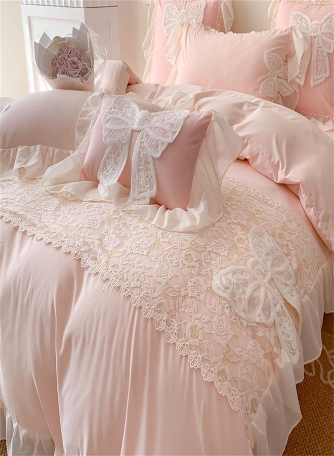 MOOWOO Princess Lace Bow Bedding Set- Pink Sweet Girl Chiffon Ruffles Bedding- 3PC(1 Duvet Cover 90x90 Inch, 2 Pillowcases) Aesthetic Bedding for Woman Girls Bedroom - Image 3