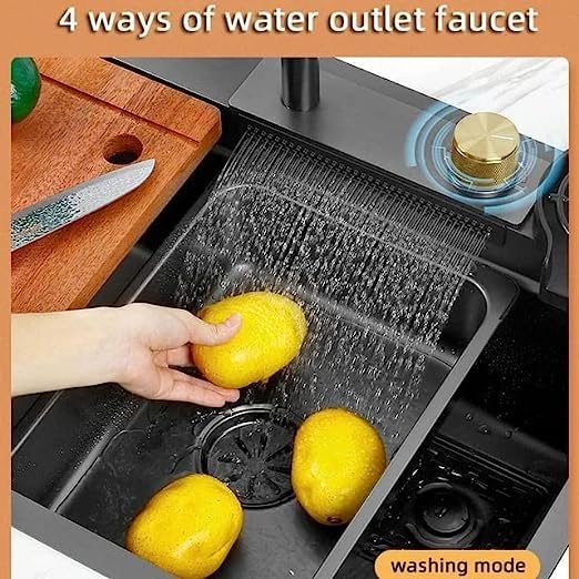 BLACKADO PREMIUM SINKS BLACKADO Waterfall Handmade Designer Single Bowl Kitchen Sink 304 Grade Stainless Steel Fountain FaucetBasketsChopping BoardCup WasherSoap Dispenser Sinks for Kitchen 30X18X10 BLACK - Image 2