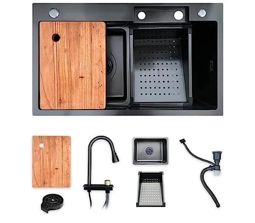 BLACKADO PREMIUM SINKS BLACKADO Waterfall Handmade Designer Single Bowl Kitchen Sink 304 Grade Stainless Steel Fountain FaucetBasketsChopping BoardCup WasherSoap Dispenser Sinks for Kitchen 30X18X10 BLACK - Image 3