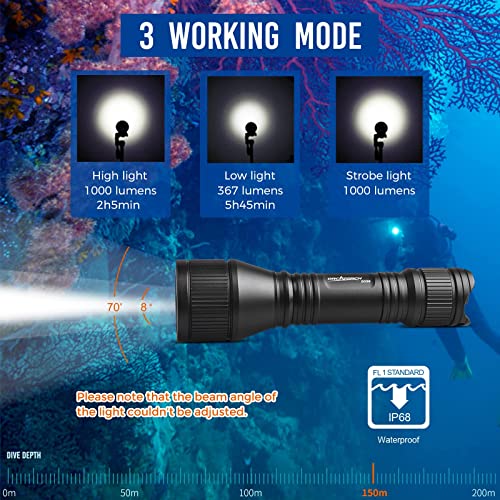 ORCATORCH D550 Dive Light 1000 Lumens Scuba Diving Flashlight 3 Modes IP68 Waterproof Underwater Lights Night Dive Submarine Torch with Wrist Mount for Outdoor Exploration Under Water Sports - Image 3