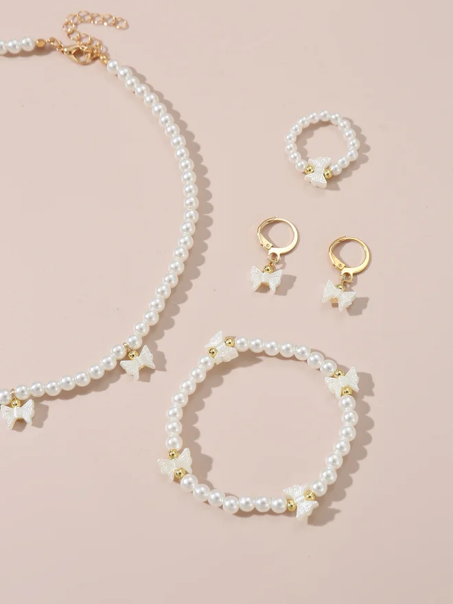 Take Two Take Two Set of 4 - Bow Pendant Faux Pearl Necklace, Bracelet, Earrings and Ring
