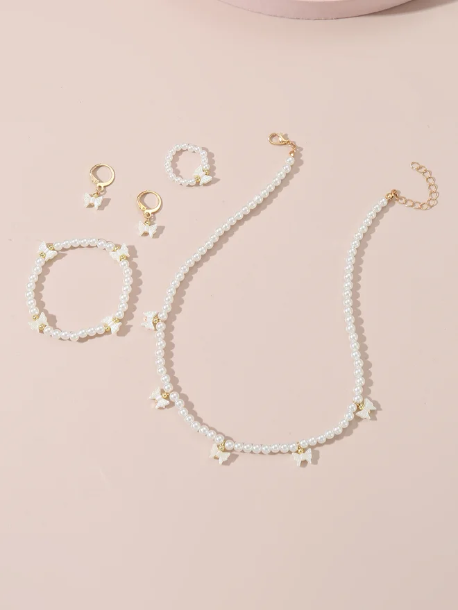 Take Two Take Two Set of 4 - Bow Pendant Faux Pearl Necklace, Bracelet, Earrings and Ring
