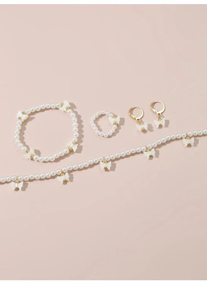 تايك تو Take Two Set of 4 - Bow Pendant Faux Pearl Necklace, Bracelet, Earrings and Ring