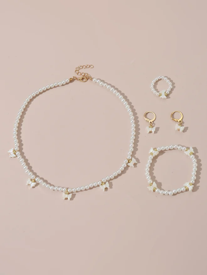 Take Two Take Two Set of 4 - Bow Pendant Faux Pearl Necklace, Bracelet, Earrings and Ring