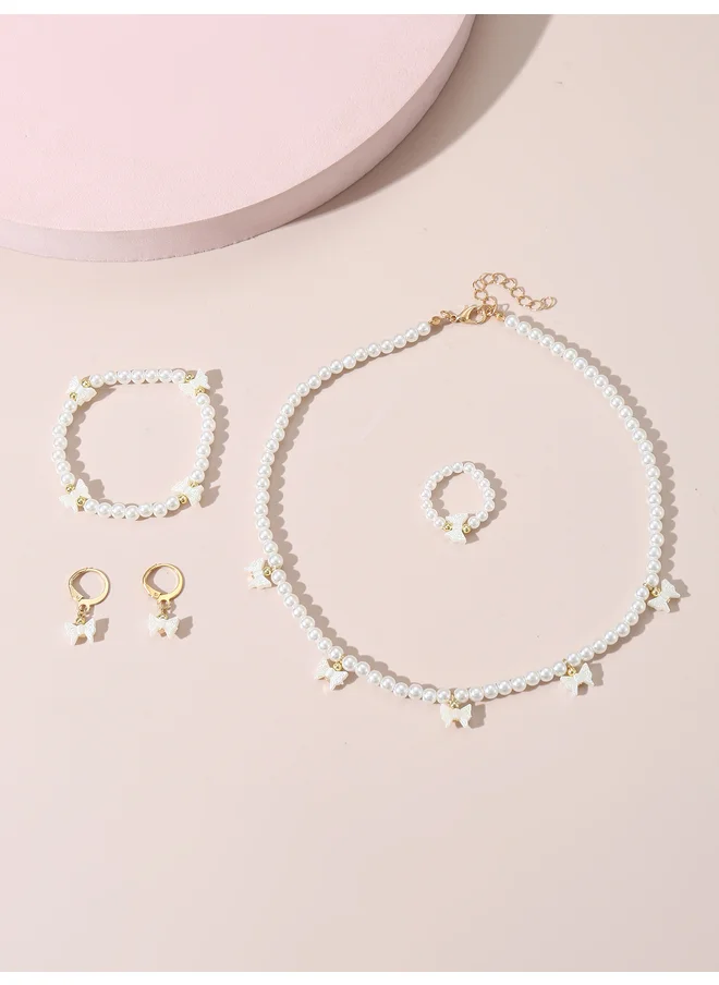 تايك تو Take Two Set of 4 - Bow Pendant Faux Pearl Necklace, Bracelet, Earrings and Ring