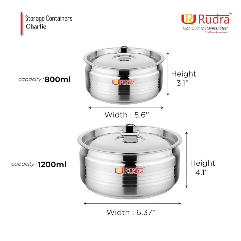 Rudra Stainless Steel Storage Containers Set of 2 800ml 1200ml Single Wall Airtight LeakProof Ideal for Kitchen Office School Travel Picnic BPAFree RustFree Easy to Carry - Image 2
