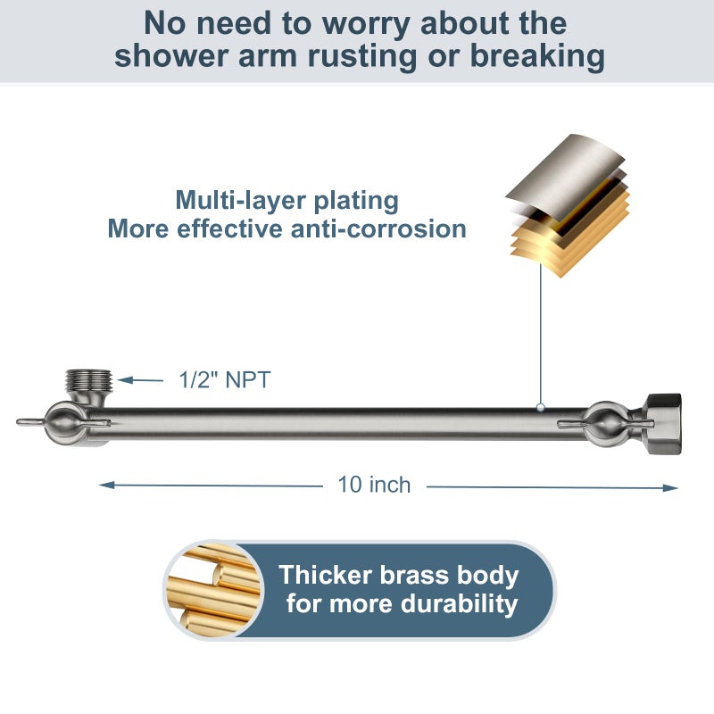 BRIGHT SHOWERS Brass Shower Head Extension Arm for Rain and Handheld Shower Head, 10 Inch Universal Shower Arm Extender, Height & Angle Adjustable, Brushed Nickel - Image 2