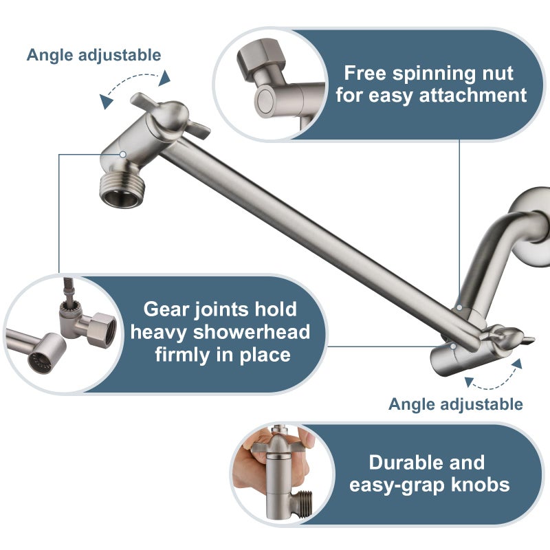 BRIGHT SHOWERS Brass Shower Head Extension Arm for Rain and Handheld Shower Head, 10 Inch Universal Shower Arm Extender, Height & Angle Adjustable, Brushed Nickel - Image 3