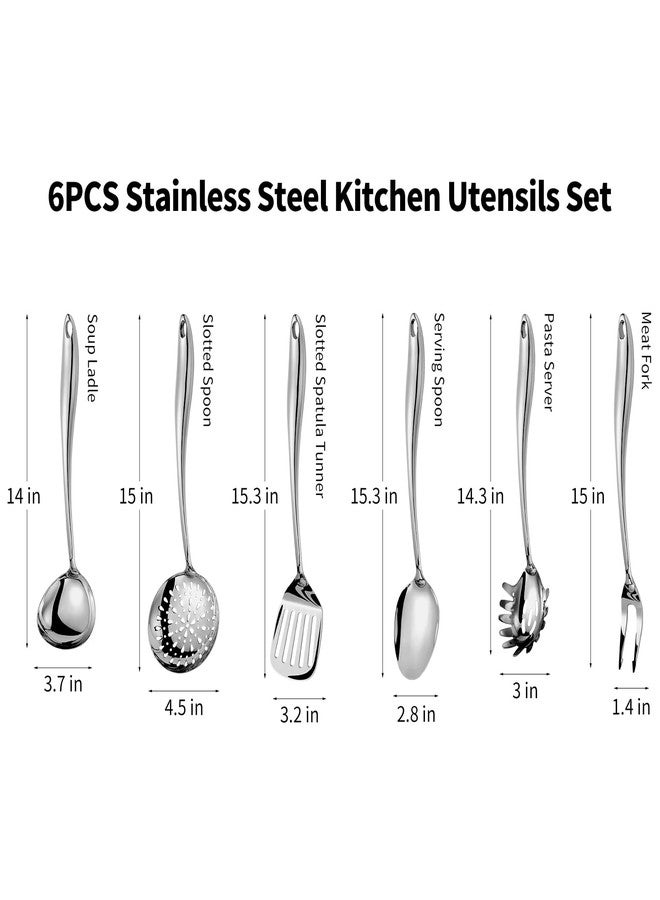 Lazycorner 304 Stainless Steel Kitchen Utensils Set, 6 Pcs Long Metal Cooking Utensil with Spatula, Solid Spoon, Ladle, Skimmer, Spaghetti Spoon, Meat Fork, Dishwasher Safe - Image 2