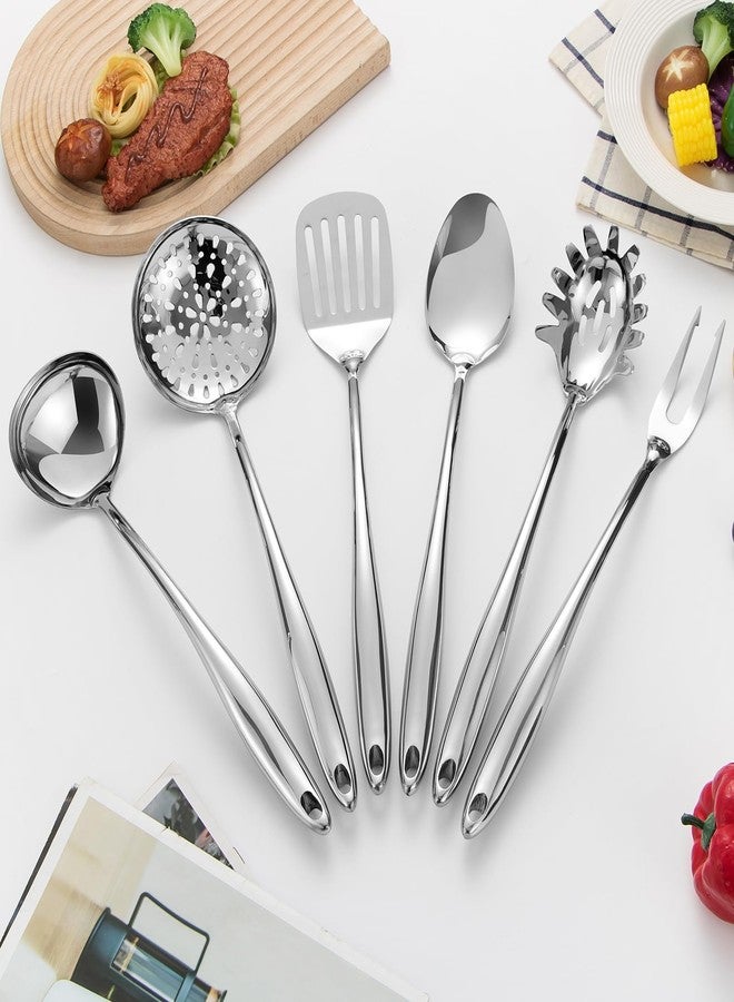 Lazycorner 304 Stainless Steel Kitchen Utensils Set, 6 Pcs Long Metal Cooking Utensil with Spatula, Solid Spoon, Ladle, Skimmer, Spaghetti Spoon, Meat Fork, Dishwasher Safe - Image 3