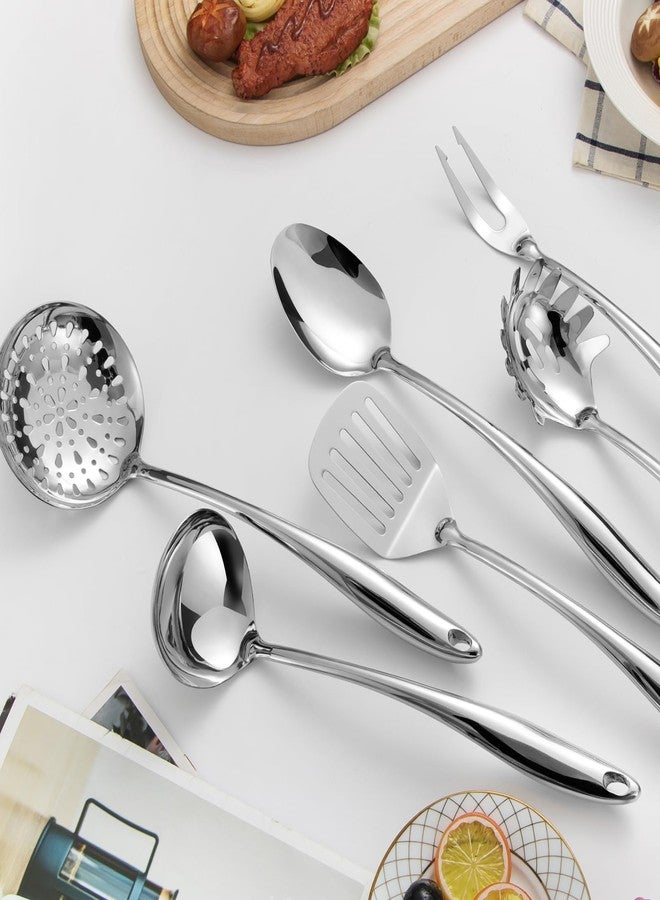 Lazycorner 304 Stainless Steel Kitchen Utensils Set, 6 Pcs Long Metal Cooking Utensil with Spatula, Solid Spoon, Ladle, Skimmer, Spaghetti Spoon, Meat Fork, Dishwasher Safe - Image 4