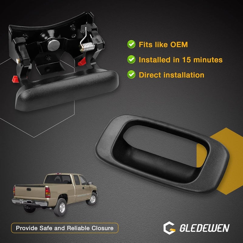 Gledewen Tailgate Handle Latch and Bezel Trim with Rod Clips | for 1999-2007 Chevy Silverado GMC Sierra 1500 2500 3500 | Replaces# 15997911, 15228539, 15228541, 15228540 - Image 2