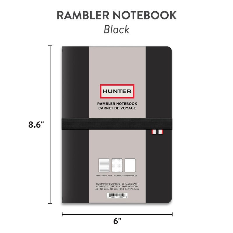Studio Oh! Hunter - Rambler Refillable Notebook, 8.6â€ X 6â€ Book with 3 A5 Booklets, 80 Pages Each of Lined Paper, Dot Grid, & Blank Pages for Drawing or Journaling, Elastic Band & Inside Pocket, Black - Image 4