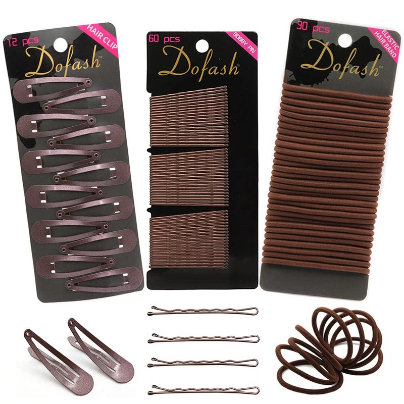 Dofash Womens Braided Good Hair set 102counts set Bobby pins 60pcs  Hyper Elastics ties 30pcs  Snap hair clips Brown