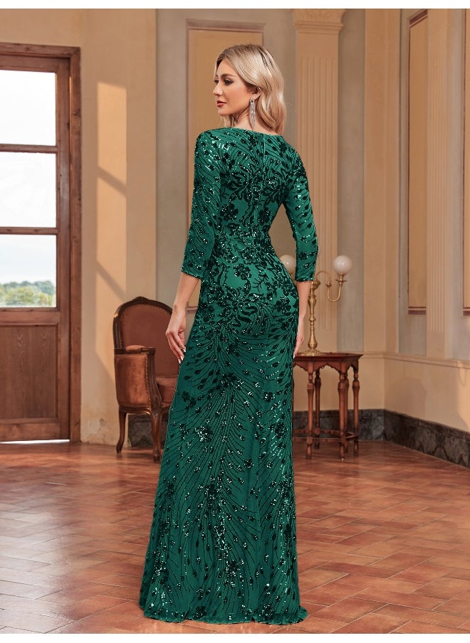 Madam Uniq Elegant Dark Green Sequin Mermaid Gown, Square - Neck & 3/4 Sleeves, Formal Evening Dress  - Image 2