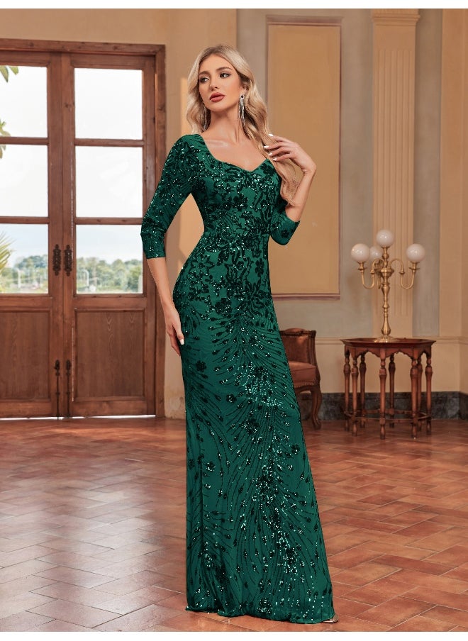 Madam Uniq Elegant Dark Green Sequin Mermaid Gown, Square - Neck & 3/4 Sleeves, Formal Evening Dress  - Image 3