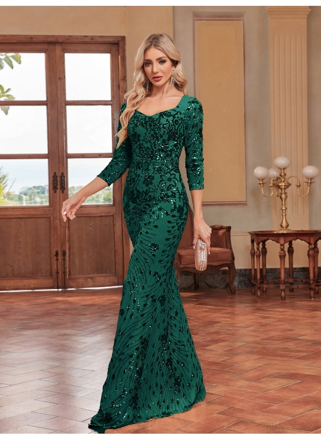 Madam Uniq Elegant Dark Green Sequin Mermaid Gown, Square - Neck & 3/4 Sleeves, Formal Evening Dress  - Image 5
