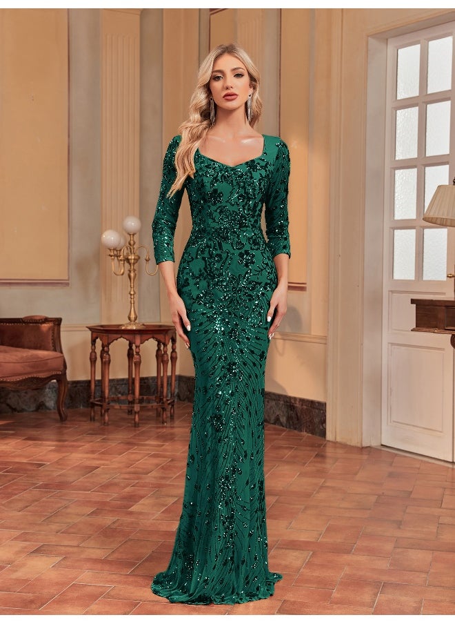 Madam Uniq Elegant Dark Green Sequin Mermaid Gown, Square - Neck & 3/4 Sleeves, Formal Evening Dress  - Image 1