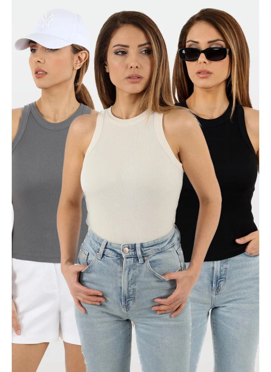 Ritnice Women's 3-Piece Premium Cotton Ribbed Cream Black Smoke Undershirt