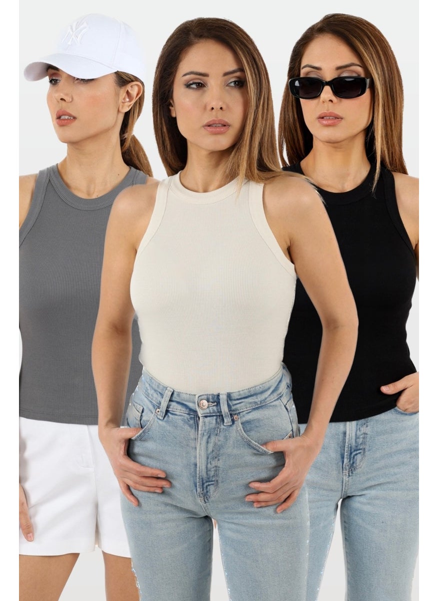 Ritnice - Women's 3-Piece Premium Cotton Ribbed Cream Black Smoke Undershirt - Image 1